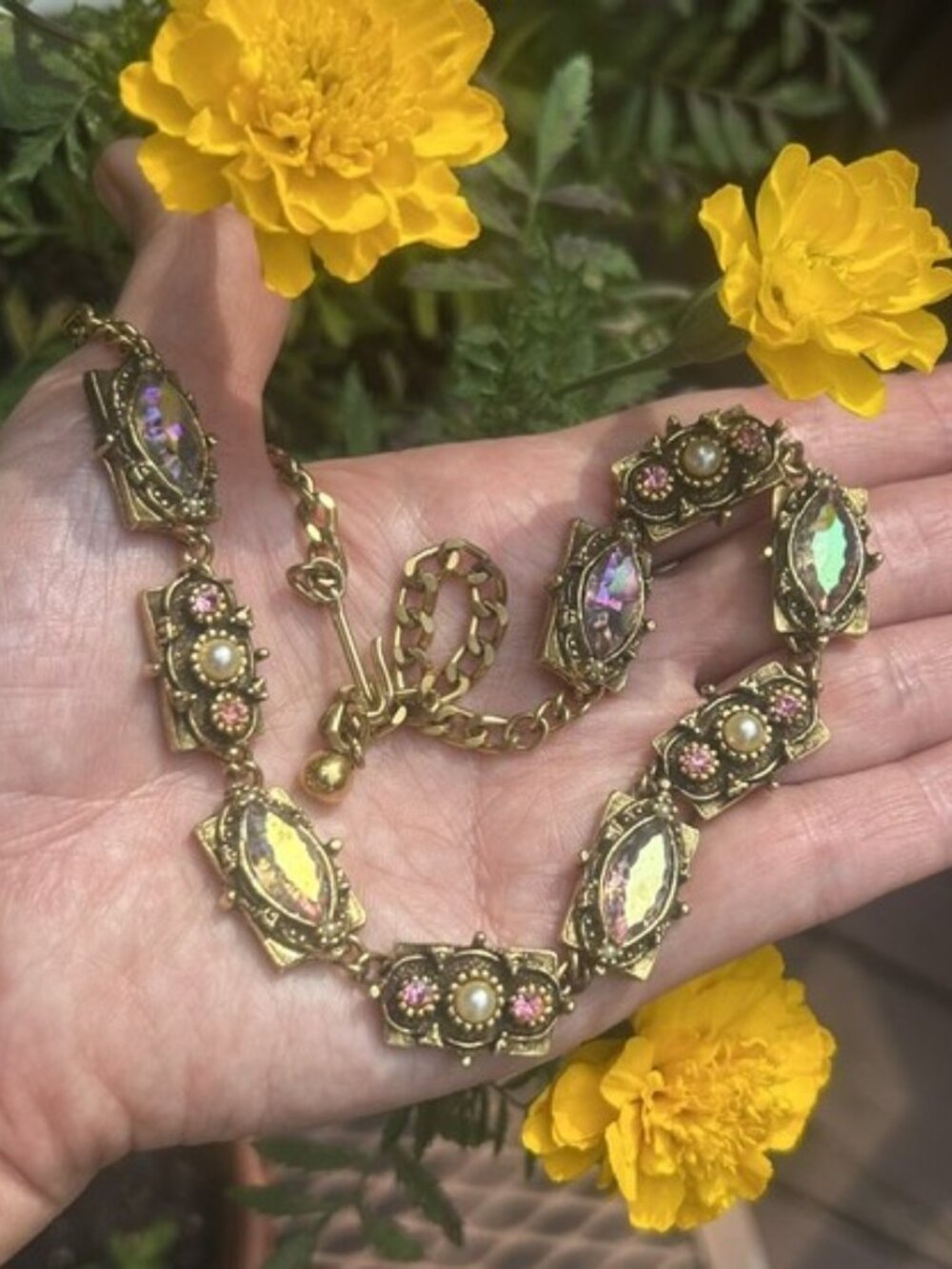 TARA Pink AB Rhinestones Faux Pearl Gold Link Choker NECKLACE